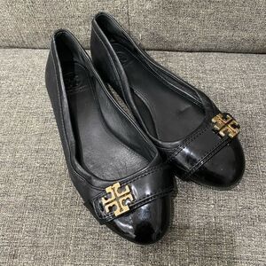 Tory Burch Eloise Black Leather Logo Ballet Flats Women Size 7